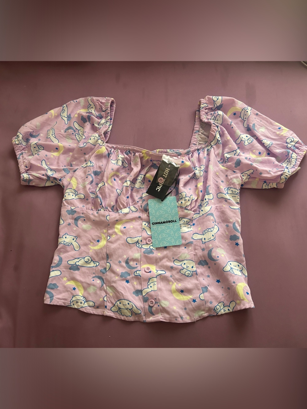 Hot Topic Pink Cinnamoroll Puff Sleeve Button Front Top